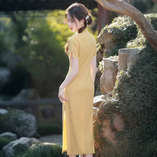 Jialong Mingxiu Yellow Cheongsam 2025 New Summer Improved Temperament High-end New Chinese Style Dress Lemon Yellow M