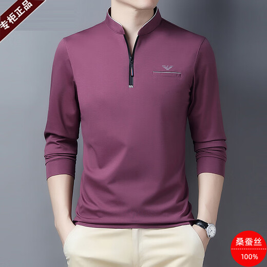 FALAMONE阿玛尼男装高端桑蚕丝长袖t恤男秋冬中年男士加绒加厚休闲卫衣潮 玫红(6625) 薄款 3XL 190/104A