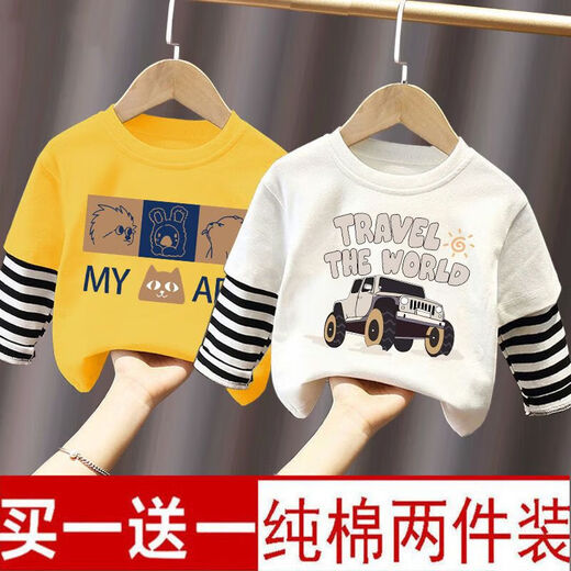 Pure cotton boys' fake two-piece long-sleeved T-shirt 2025 spring and autumn new style children's baby patchwork tops and bottoming shirts patchwork ~ white + lake blue (C103 + C82) 110 cm recommended height 105cm
