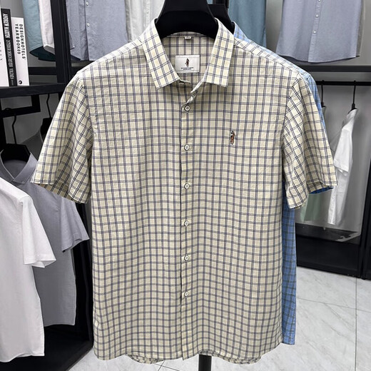 袋鼠（DaiShu）纯棉夏季新款男士短袖衬衫商务休闲格子半袖男上衣衬衣中青年 AN15271卡其 2XL