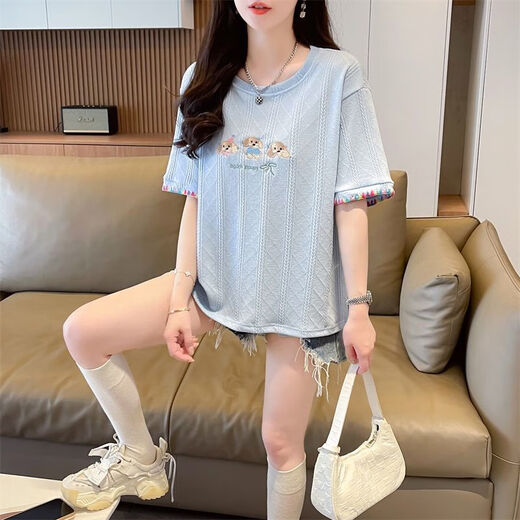 AEMAPE夏装女装刺绣白色短袖T恤女2025新款夏季小个子上衣夏天衣服 KM9277-蓝色 L 建议110-125斤