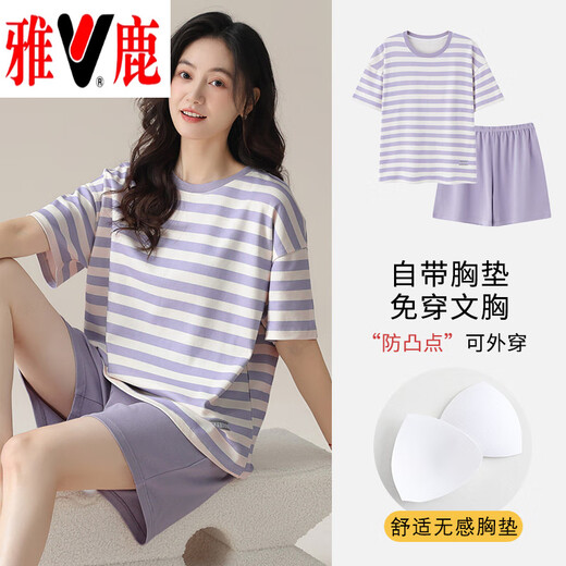 雅鹿棉质短袖睡衣女夏季薄款带胸垫甜美少女学生圆领夏天家居服 短//袖短//裤：B12241 3XL 女140-155斤】
