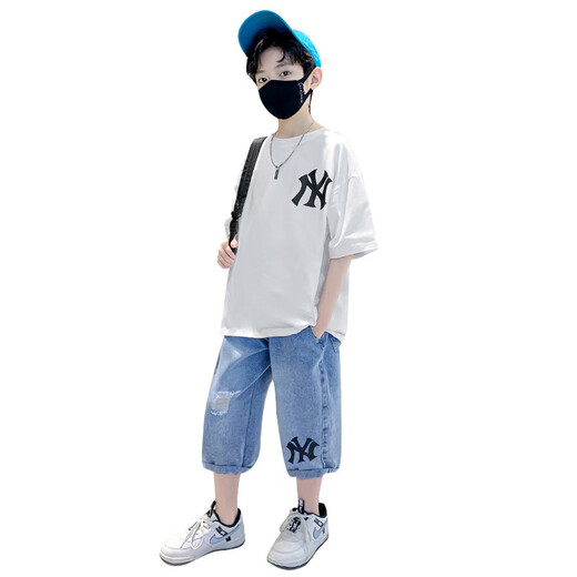 Sweet Miaomiao Boys Trendy kurzärmeliger Anzug Sommer mittelgroße Kinderkleidung und Hosen modische Jungen cooler und modischer Sommer zweiteilerer Jungen-Sommer-Trendanzug [Weiß] 160 Größe [Vorgeschlagene Höhe 150-160 cm]