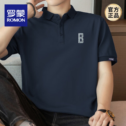 罗蒙（ROMON）珠地棉冰丝短袖t恤男翻领保罗衫polo衫凉感有领半袖潮牌印花上衣 FL2302-963黑色 M (适合80-95斤)