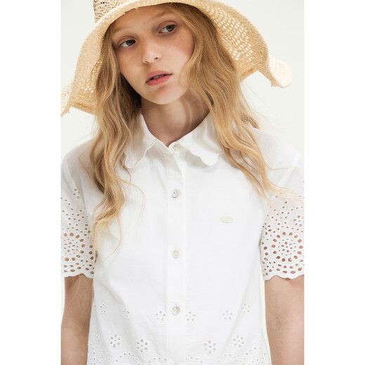 ELLE KIDS children's clothing summer new style girls French pastoral style cotton embroidered lace collar casual short-sleeved shirt top white 140