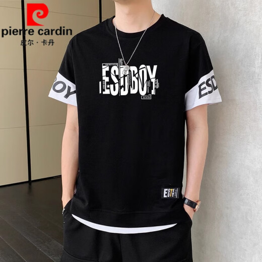 皮尔卡丹（pierre cardin）纯棉短袖t恤男夏季潮牌薄款圆领半袖体恤青少年潮流假两件上衣服 9196白色 L (约105~120斤可穿)