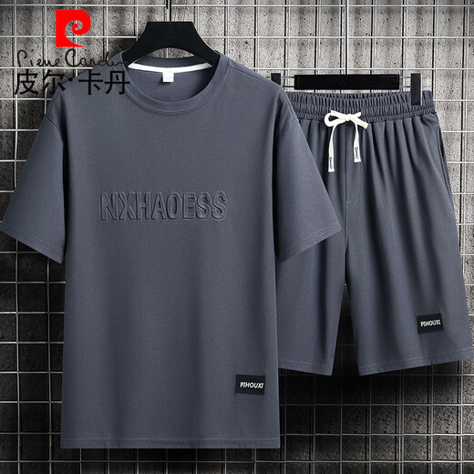 皮尔卡丹（pierre cardin）重磅华夫格短袖T恤男夏季宽松大码运动短裤套装工作服圆领透气潮 单件上衣-829军绿 M 建议90-110斤