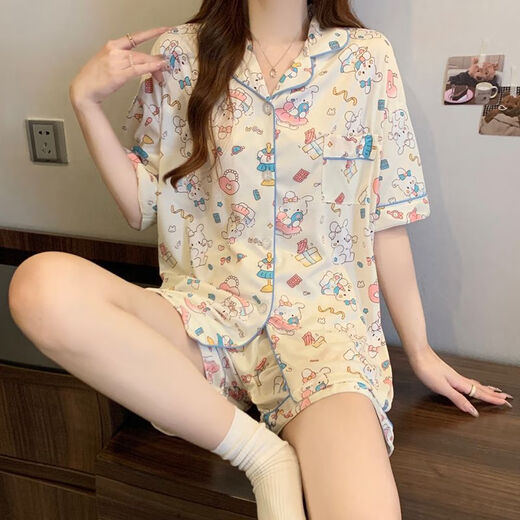 琉善睡衣女夏季新款短袖长裤纯棉薄款三件套甜美可爱学生家居服可外穿 FS-14132三件套 M 【75-95】