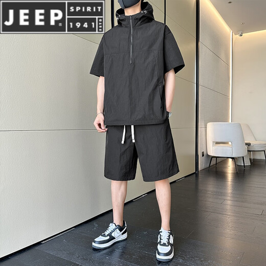 JEEP SPIRIT休闲运动套装男士夏季薄款连帽半拉链短袖搭配酷帅一套夏装 7003灰色 XL