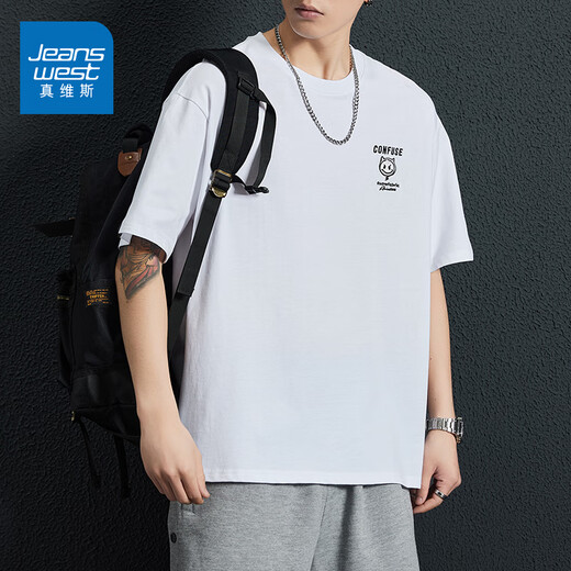 Camiseta de algodón puro de algodón puro de Jeanswest American para hombres en primavera y verano Nuevo cuello de cuello redondo y versátil de cuello mimes de hombres