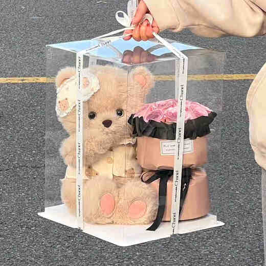 Yunya's birthday gift hug bear little doll simulated bouquet plush doll toy dolls gifts for girls friends Good night bear + 11 black plum sauce + gift box + lamp