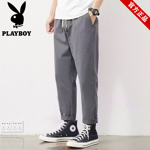 
Playboy brand men's pure cotton casual pants loose straight pants summer new style workwear versatile workwear nine-point pants black #9904 L