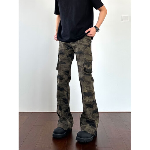 POUM 美式高街伐木迷彩牛仔修身工装裤男士夏季直筒vibe微喇裤子男 DFFS-795迷彩色 S