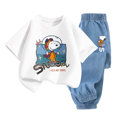 史努比（SNOOPY）男女童短袖t恤牛仔裤两件套儿童短袖套装  白色宇航+深蓝太空 110