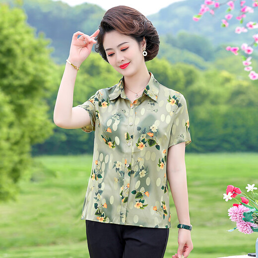 芳嫔有领子的女上衣t恤短袖装夏季高档衬衣时尚印花轻士翻领花色冰丝 6623红色 XL90-105斤 均码