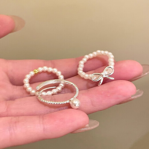Luo Fanxin decorated S925 sterling silver bow pearl beaded ring women's ins niche index finger ring light luxury open stacking J6340