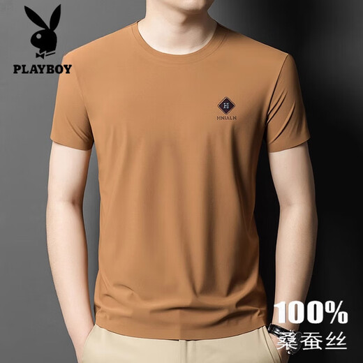 Playboy 2025 new high-end mulberry silk short-sleeved T-shirt for men's summer new round neck solid color thin large size casual T-shirt 13578 Blue M 165 [Suggested 100-120 Jin [Jin equals 0.5 kg]]