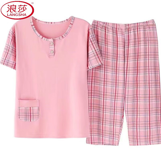浪莎（LangSha）中年妈妈睡衣女夏季棉短袖七分裤加肥加大码家居服中老年人套装 t3937 XL (115-135斤)