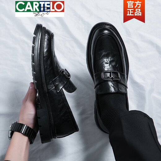 
CARTELO leather shoes men's one foot with genuine leather breathable British wide foot business formal wear casual Love lazy doodle shoes 3518 black cowhide high-quality shoes 38