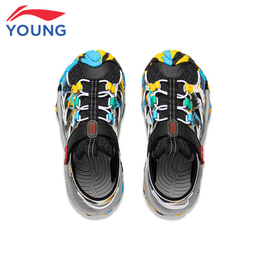 Li Ning (LI-NING) children's shoes, children's sports sandals, summer style, men's and women's, fashionable, versatile mesh breathable Velcro trendy sports shoes, black/space-time blue/standard white 30-3 28