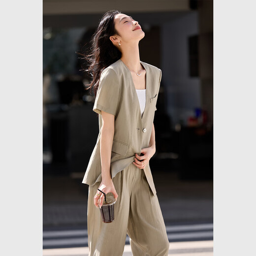 梵希蔓时尚休闲通勤套装女2025夏季新款V领西装高腰阔腿裤两件套 M9856 卡其色 M