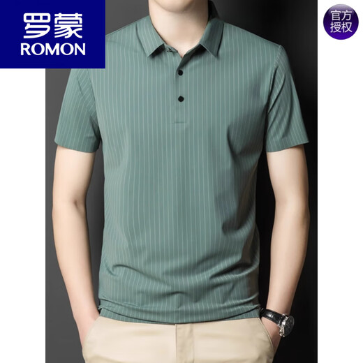 罗蒙（ROMON）夏季翻领无痕短袖T恤男士竖条纹休闲polo衫男装潮流薄款冰丝半袖 灰色 6996 M 170