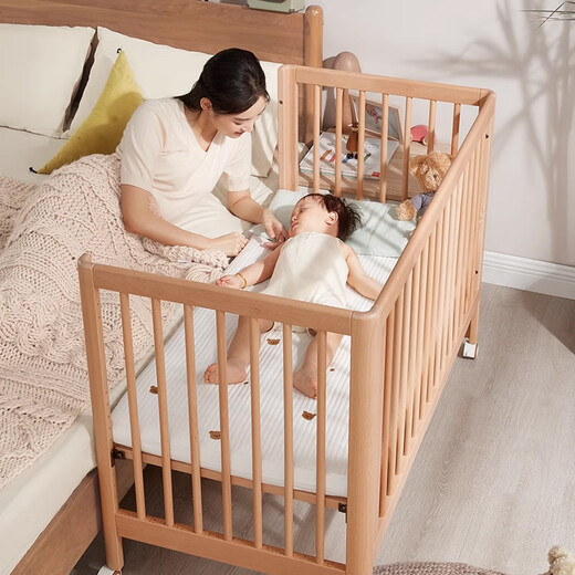Jiuban Muyue crib solid wood multi-functional newborn baby bed beech wood movable adjustment splicing large bed children's bed Muyue 4.0 (no paint) + coconut brown mattress