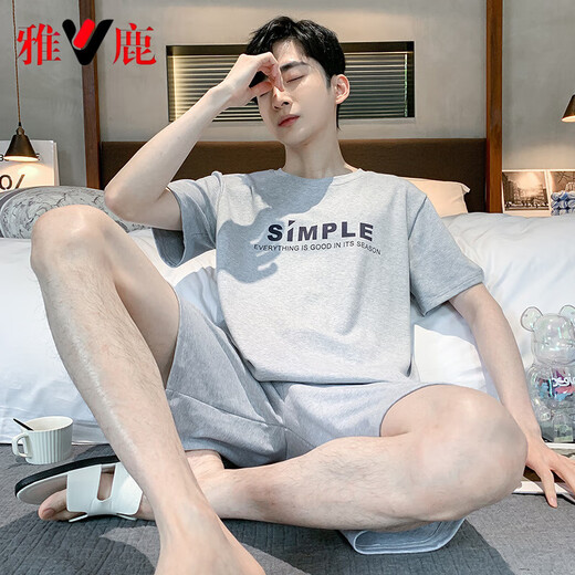 雅鹿睡衣男夏季短袖短裤棉质青少年初中学生套装男款家居服胖子4XL HDE9930 XL