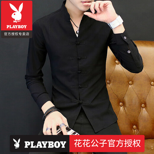 Playboy (Playboy) Chinesisches Top -Shirt Herrenanzug Innere Wear Retro -Stil Herrenhemd Chinesische Tang Anzug Ständer Kragen Lose Langarm Marke 9905 Schwarz (Langarmgefühl) m