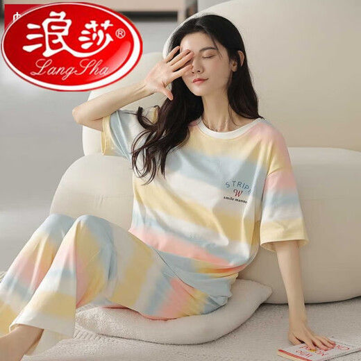 Langsha 2025 pijama para mujeres en primavera y verano algodón puro pantalones de manga corta delgada coreana lindo arco iris contrastante de color de ropa para el hogar Z9712 L-código [recomendado 100-120Jin [Jin iguala 0.5 kg] Tamaño promedio de tamaño promedio
