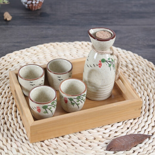 Retro old-fashioned ceramic sake pot, wine cup, wine warmer set, household wine divider, white wine cup, spirit cup with tray, Pinlian 6 two pots with 6 cups + wine warmer + tray. Collect