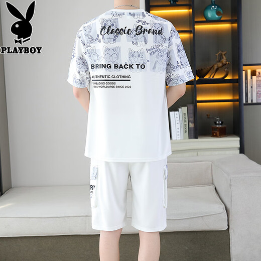 花花公子;PLAYBOY2025夏季新款渐变色短袖男装套装青年百搭短裤两件休闲运动套装男 6187蓝色 XL