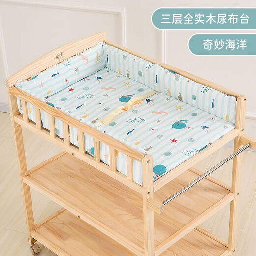 Jiaojing Baby Windel Tisch Multifunktionaler Betriebstisch Windel Tisch Massivholz lackfrei Baby Pflege Tisch BB Neugeborene Babybett Multifunktionale Windel Tisch (dreischichtige Vollmassivholz + Domi-Bär-Baumwollpolster