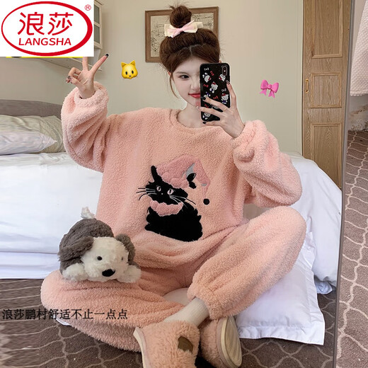 Langsha Coral Velvet Pyjamas pour les femmes en hiver plus en velours épaissis en velours à demi-bords 2025 Nouveaux vêtements de célèbre Internet haut de gamme OM-4872-Puttender Rice Velvet Cover-Pink Hat Cat S [recommandé 80-100jin [Jin est égal à 0,5 kg]]]
