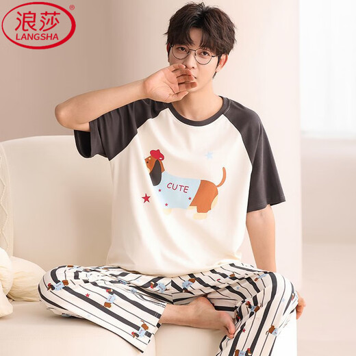 浪莎（LangSha）腊肠狗睡衣男夏季纯棉短袖长裤薄款青少年卡通学生家居服套装男 旗舰店-684初高中生夏季睡衣 L