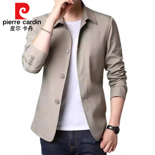 皮尔卡丹（pierre cardin）春秋季男士休闲夹克西装中青年色翻领薄款韩版修身风衣外套针织 浅灰色1048 M 【建议98-118斤】