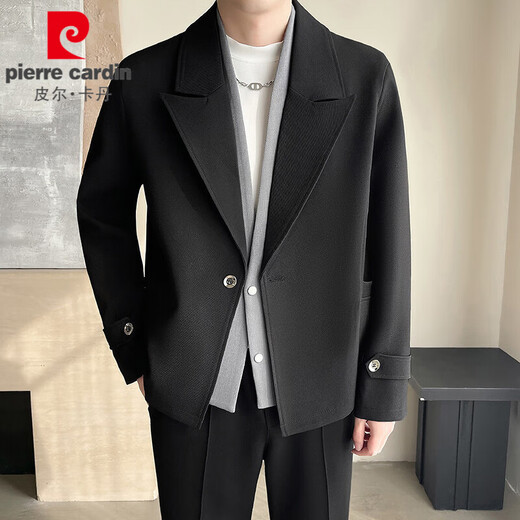 皮尔卡丹（pierre cardin）痞帅假两件夹克外套男西装领潮牌潮流叠穿设计高级感春季西服上衣 黑色 L 【建议125-140斤】