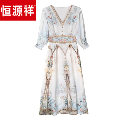 
Hengyuanxiang Temperament Chinese Style Silk Dress Summer New Printed Mulberry Silk Dress Women's Long Skirt V-neck Short Sleeve Picture Color 3888 L L-100-115Jin [Jin equals 0.5 kg] Suggestions