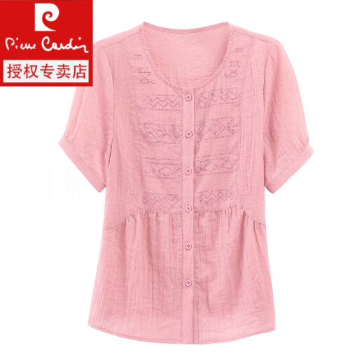 皮尔卡丹（pierre cardin）棉麻圆领烫钻短袖衬衫女夏季2025新款宽松显瘦纯色妈I妈小衫上衣 粉色 GD7720-A#6187 M 建议90-100斤