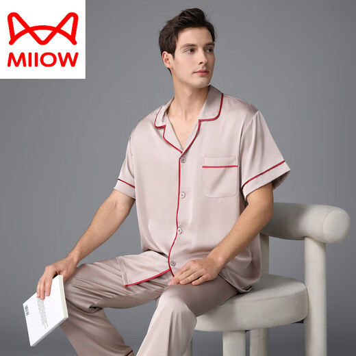 猫人（MiiOW）睡衣男夏季真丝薄款短袖长裤春秋家居服丝绸感欧美2025新款 黑灰色 3899 XL (体重130-155斤)