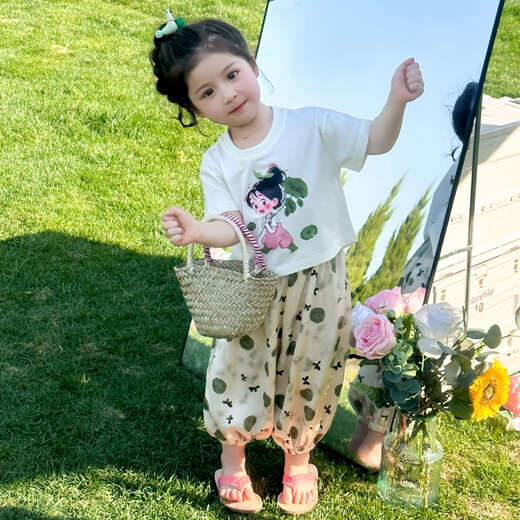 怡菲朵童装女童夏装套装2025新款儿童洋气短袖女宝宝格子裤T恤两件套夏 米白色 100