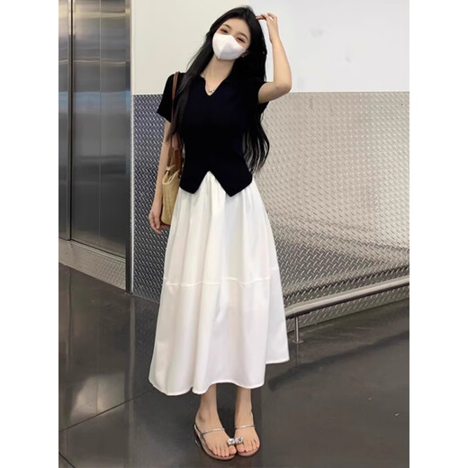 
Han Qiumeng light-mature salt-style outfit set for women's summer large-size waist-retracting top with skirt French fashion two-piece set 9926 black top M