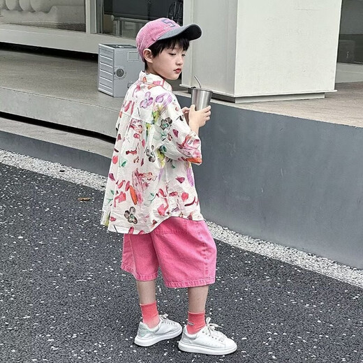 G.Duck Blumenhemd Jungen Sommer Thin Hong Kong Style Seaside Casual Kurzärmelig-Urlaub Retro-Shirt Trend mittelgroße Kinderjacke 6621 Pink Shirt Single Piece 140