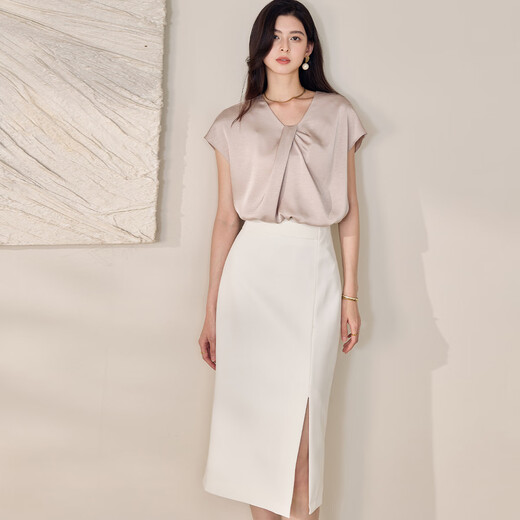 ROEYSHOUSE LOOKI's fashionable pleated satin shirt for women 2025 summer new French sleeved shirt slim body 12051 apricot M