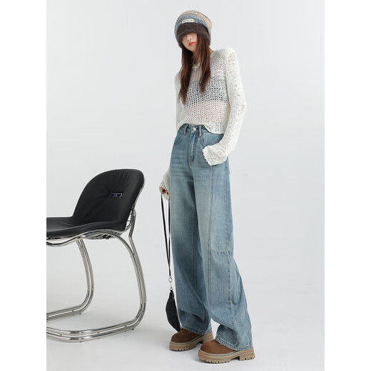 Bunte Juwelen Retro blau hohe Taillenweit-Bein-Jeans, damit Sie schlank und lose Hüft-Designen-Scimitar-Hosen DH1289-0 Retro Blue Länge xs aussehen lassen
