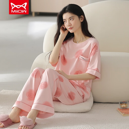 猫人（MiiOW）睡衣女夏季纯棉短袖长裤薄款纯棉夏天女士家居服套装春秋季 YZT9716 短袖长裤 M 80-100斤