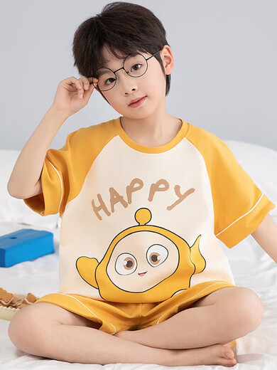 Boys Pyjamas Été à manches courtes à manches moyennes de taille moyenne Nezha Nezha Teenagers 2025 New Style Junior School Children's Home's Home's Clothes [100% Pure Cotton] YM-693 Chinchilla 150 [S Code] Hauteur recommandée 143-153cmm