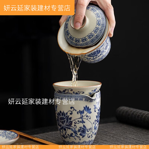 优化汝窑青花茶具套装2024家用泡茶器轻奢茶杯盖碗礼盒装 升级9272汝窑茶壶+盖碗江山---
