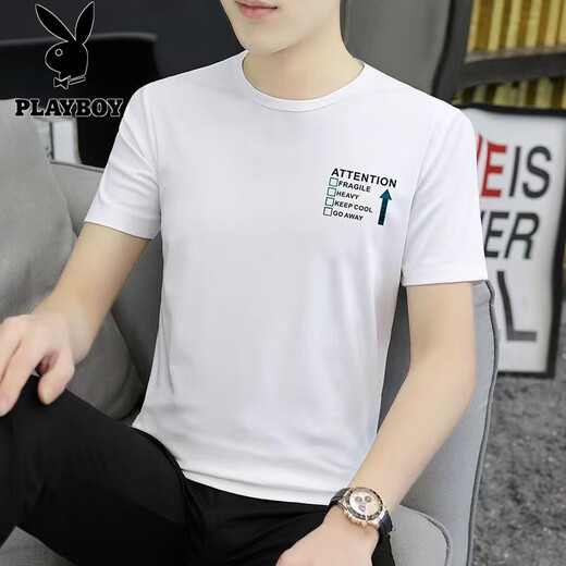 Playboy (PLAYBOY) Modal ice silk short-sleeved T-shirt for men 2025 summer new round neck half-sleeved trendy brand quick-drying cool T-shirt top 1421 white M 100Jin Jin is equal to 0.5kg -110Jin Jin is equal to 0.5kg