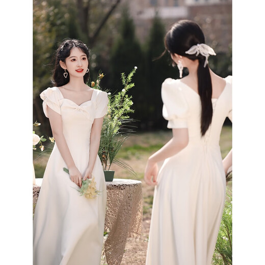 创京懿选伴娘服2024新品香槟色缎面连衣裙感小众仙气秋季姐妹团礼服女 753-中长款 M